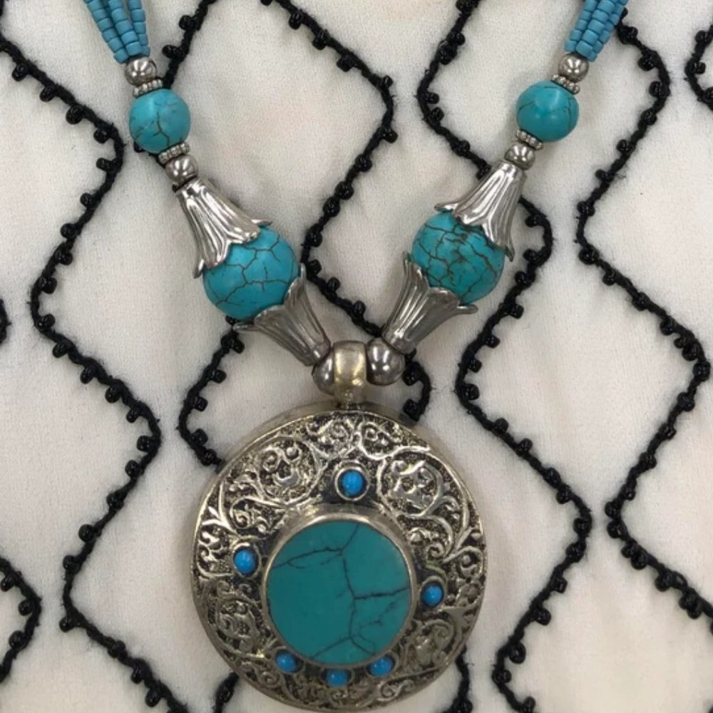 Antique Tribal Turquoise gemstone Necklace with beaded dori, Afghan Pendant